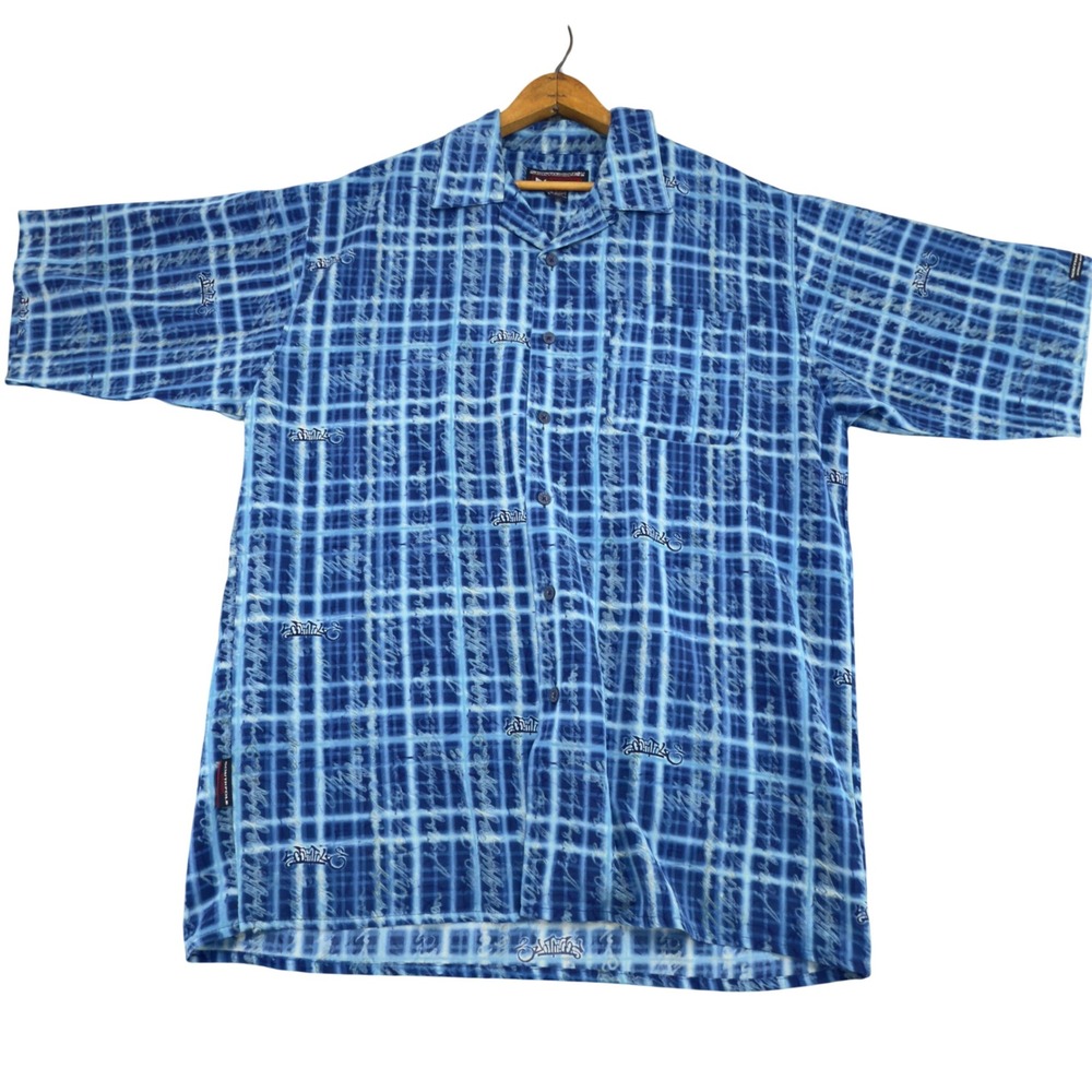 Southpole All Over Print Script Grid Button Up Shirt Blue Size L